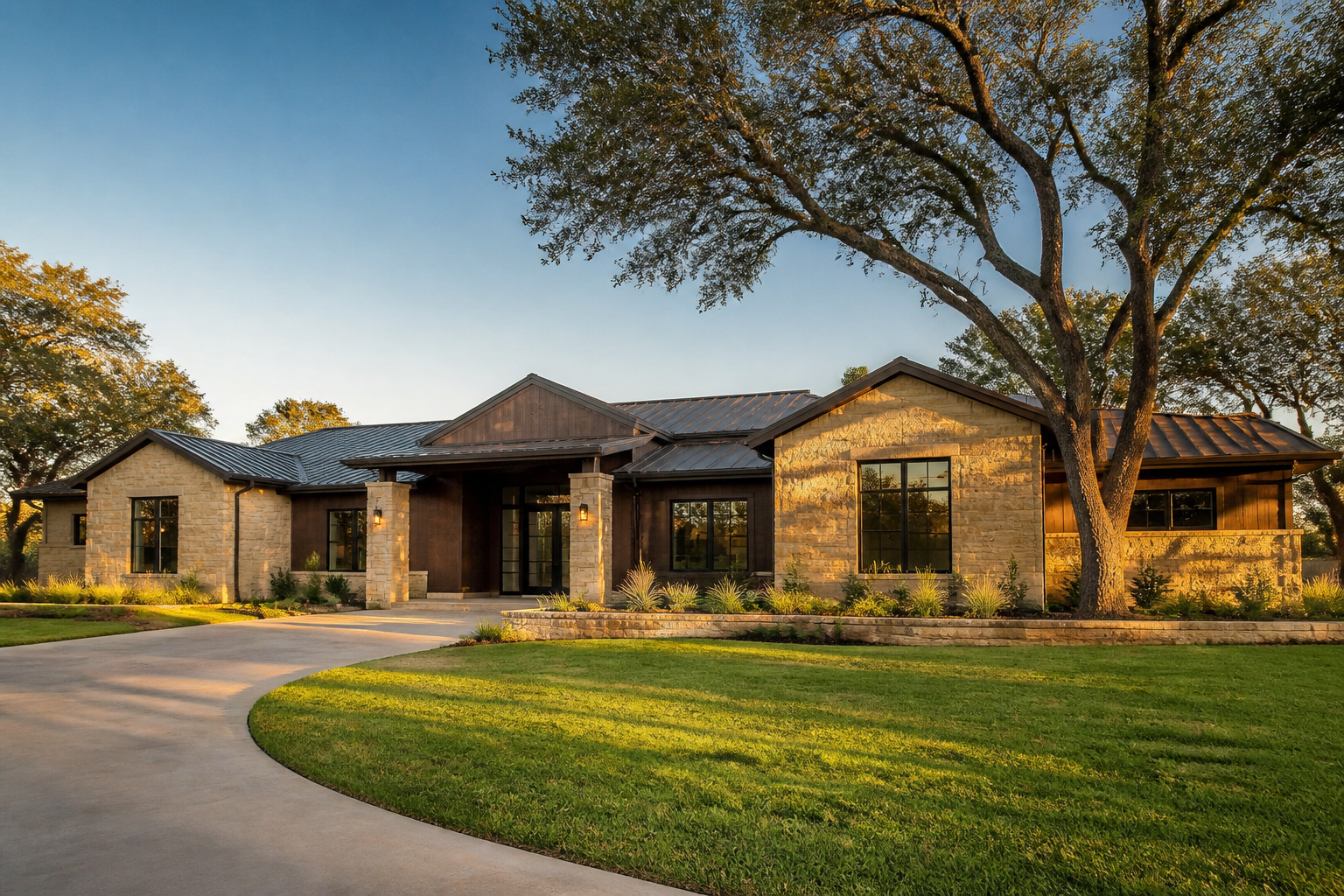 Modern Central Texas home at golden hour