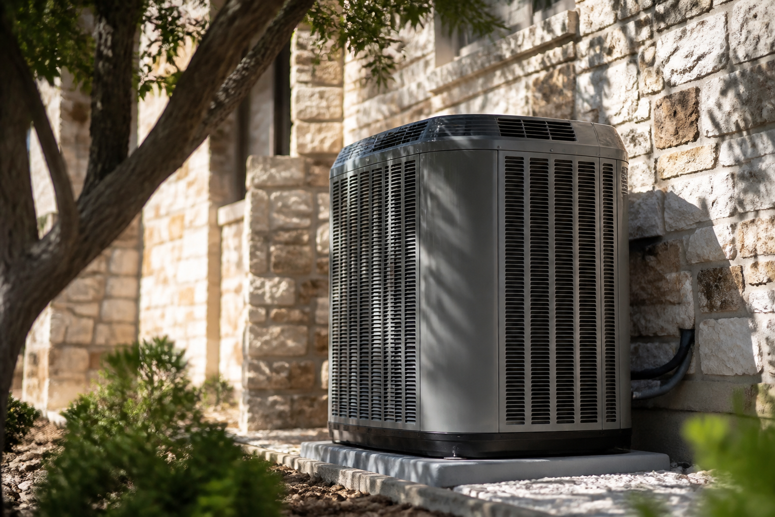 Outdoor HVAC condenser beside Texas limestone home