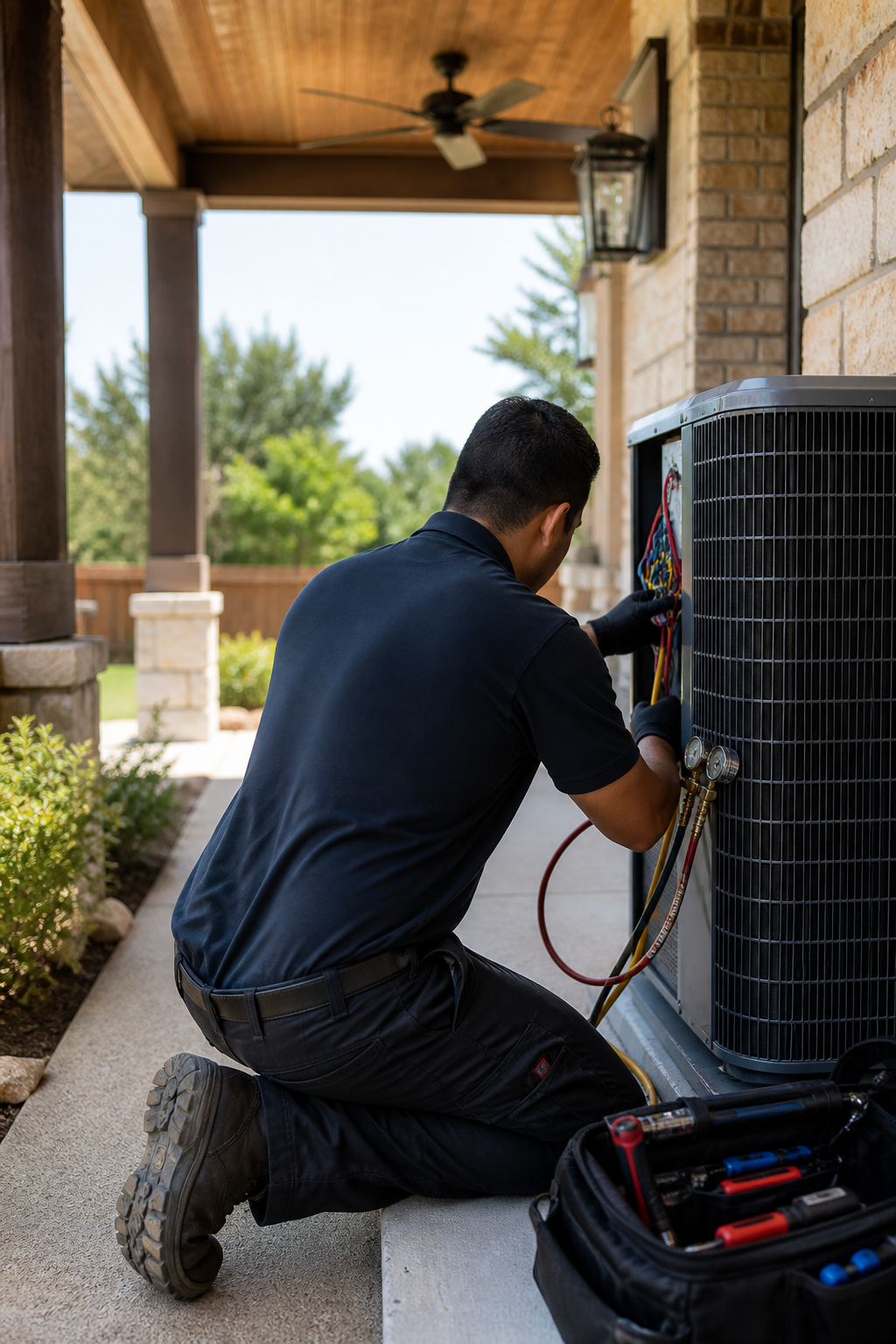 Technician servicing outdoor HVAC equipment